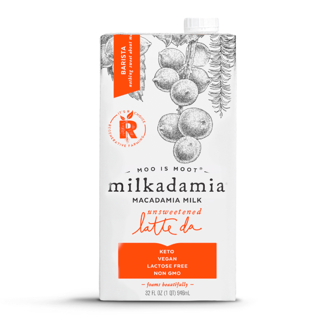 front view of single bottle of milkadamia macadamia milk unsweetened latte da