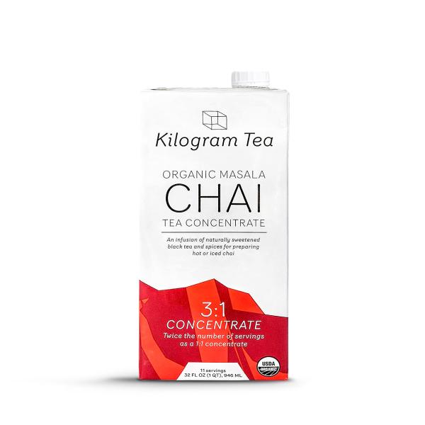 front view of a single carton of kilogram organic masal chai tea concentrate