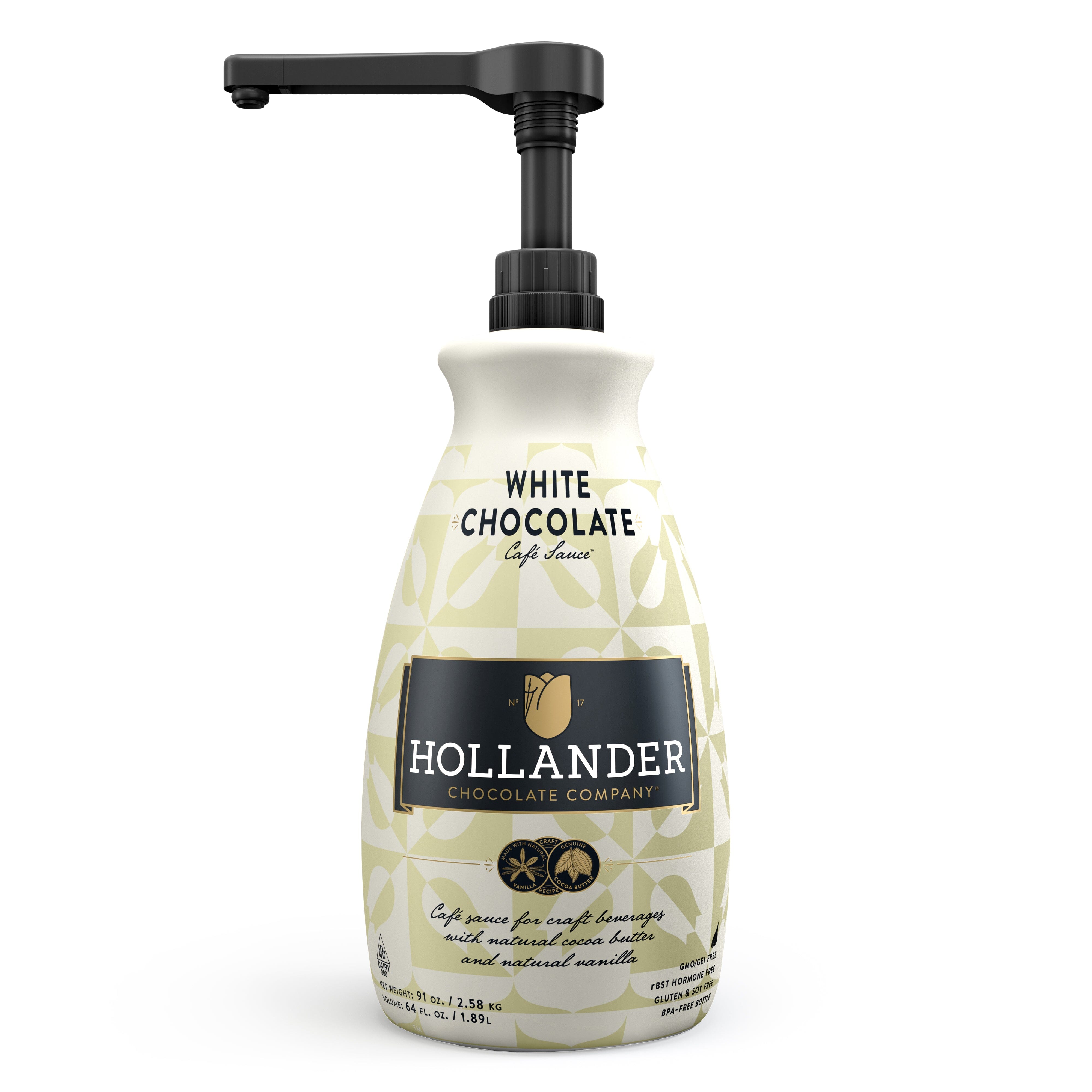 hollander white chocolate sauce ground, front view with pump