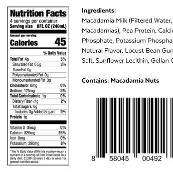 nutrition label on bottle of milkadamia macadamia milk unsweetened latte da