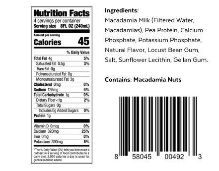 nutrition label on bottle of milkadamia macadamia milk unsweetened latte da