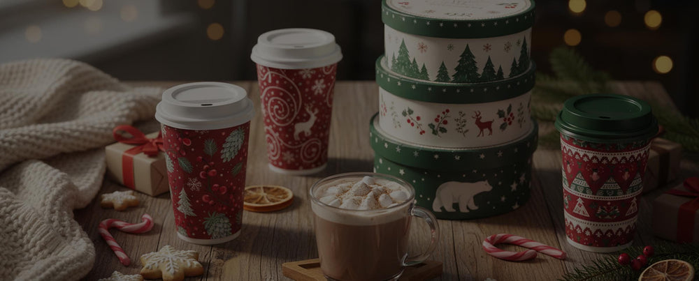 Decorative holiday mugs with festive designs on a wooden table.