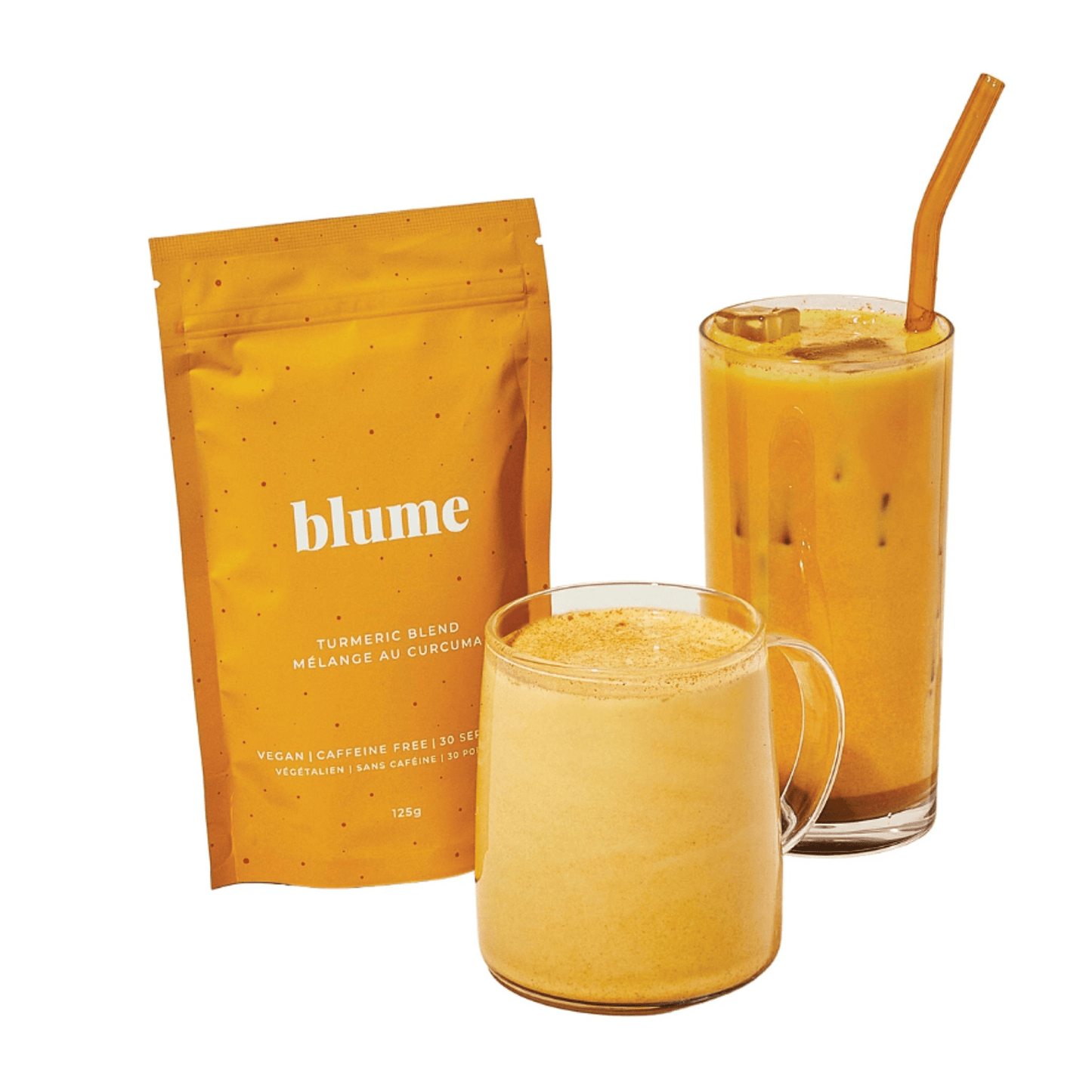blume turmeric latte blend bag next to a small and large glass filled with smoothie
