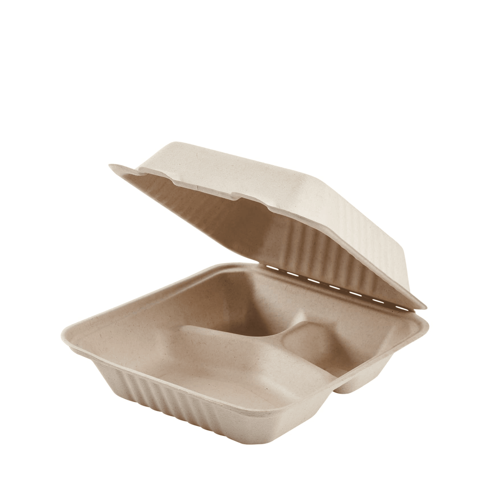 Karat Compostable Bagasse Hinged Container, 3-Compartment, 8