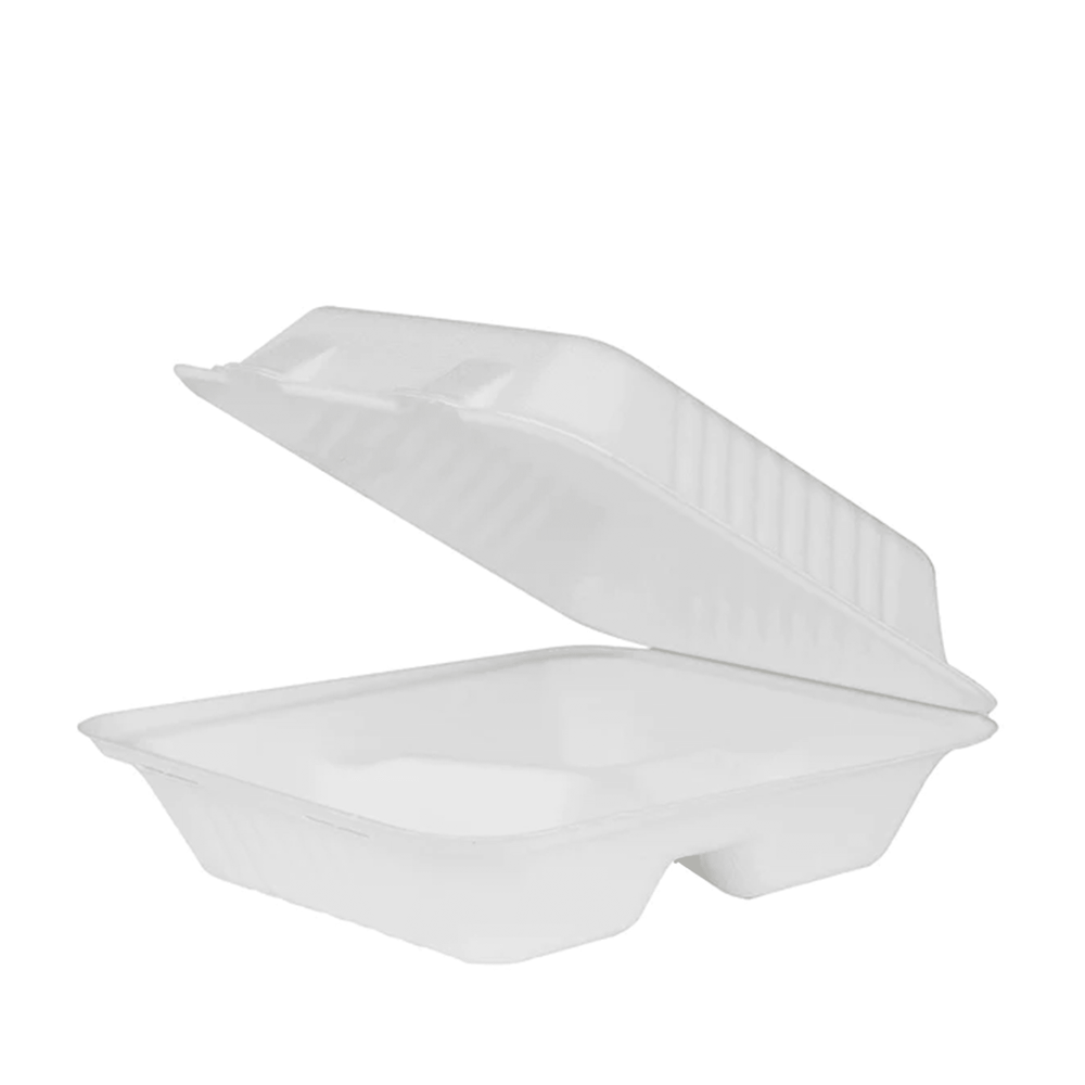 Karat Compostable Bagasse Hinged Containers, 3-Compartments, 9