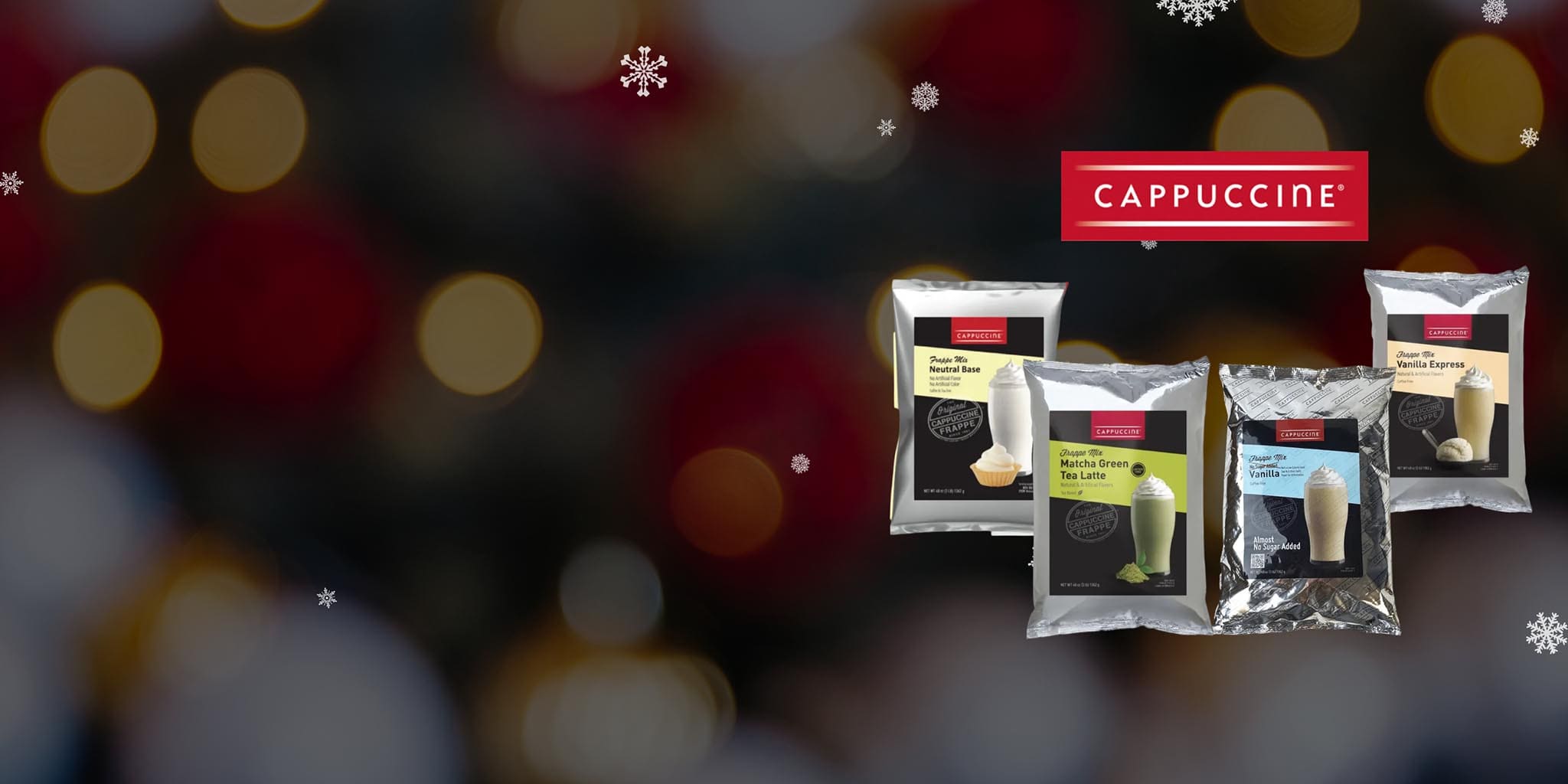 Cappuccine coffee packages with a blurred festive background